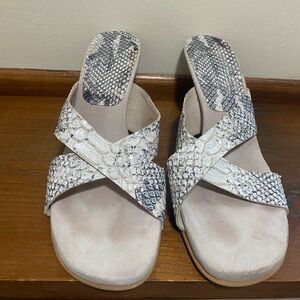 Calvin Klein Snakeskin Patterned Crisscross Heels- Black and Cream